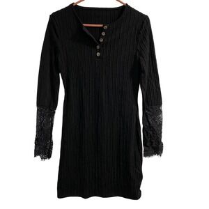 CUPSHE Black Cable Knit Lace Cuff Henley Dress Size M